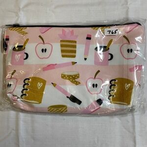The Pouch Cosmetic Bag Womens Small Pink NWT Stationery Print Zipper Pouch 8x5